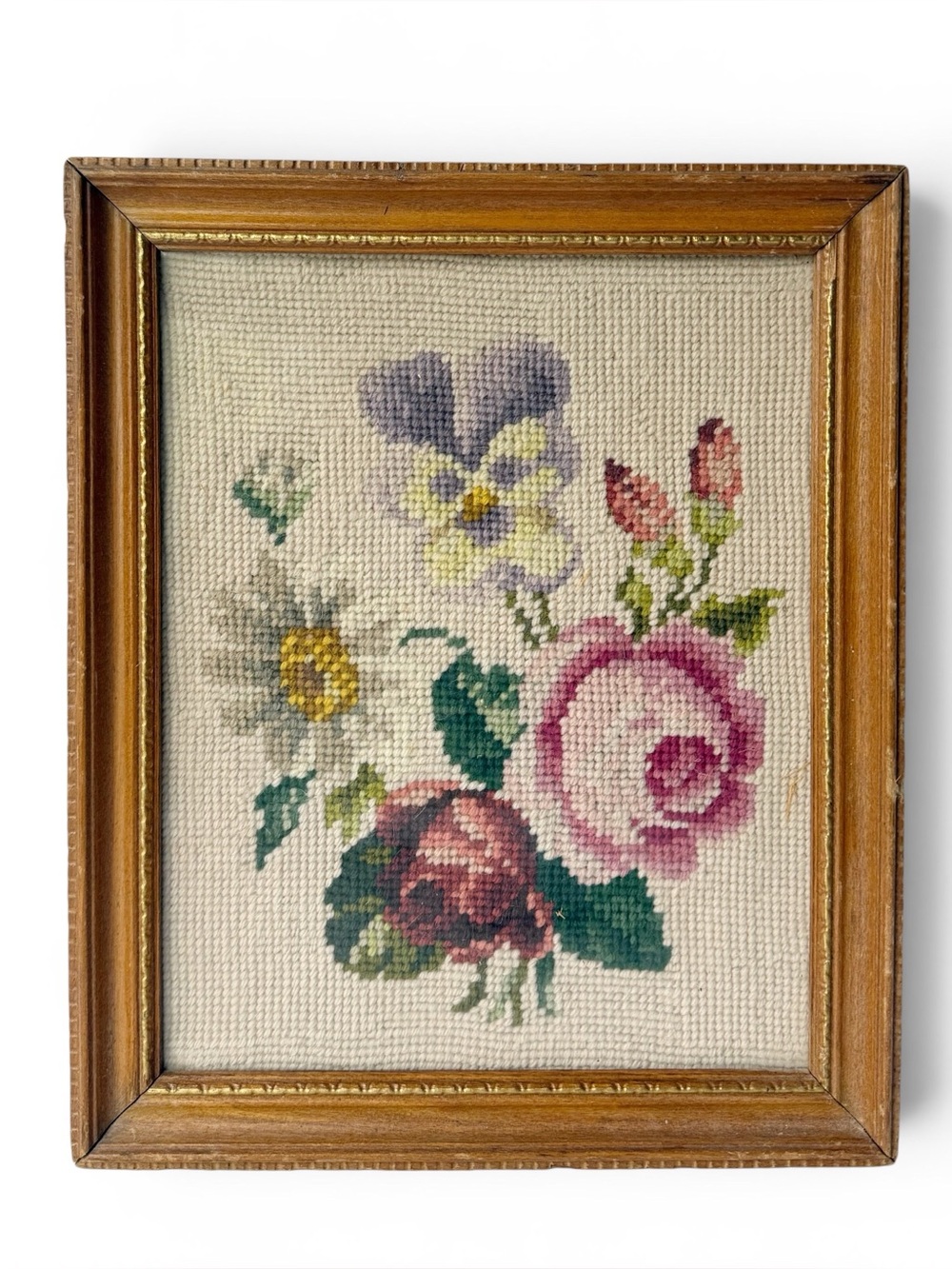 Vintage Romantic Floral Bouquet Completed Needlepoint Framed Wall Art
